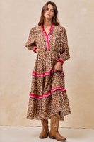 BiBi Leopard Print Midi Dress with Contrasting Wavy Trim in Leopard