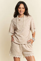 Davi & Dani Pearl Embellished and Lace Detailed Top in Beige