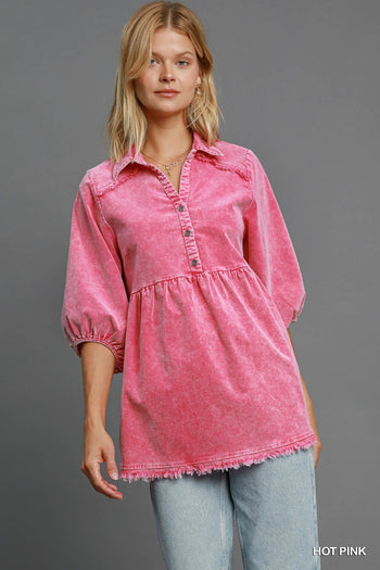 Umgee Stone Washed Corduroy Tunic Top in Hot Pink