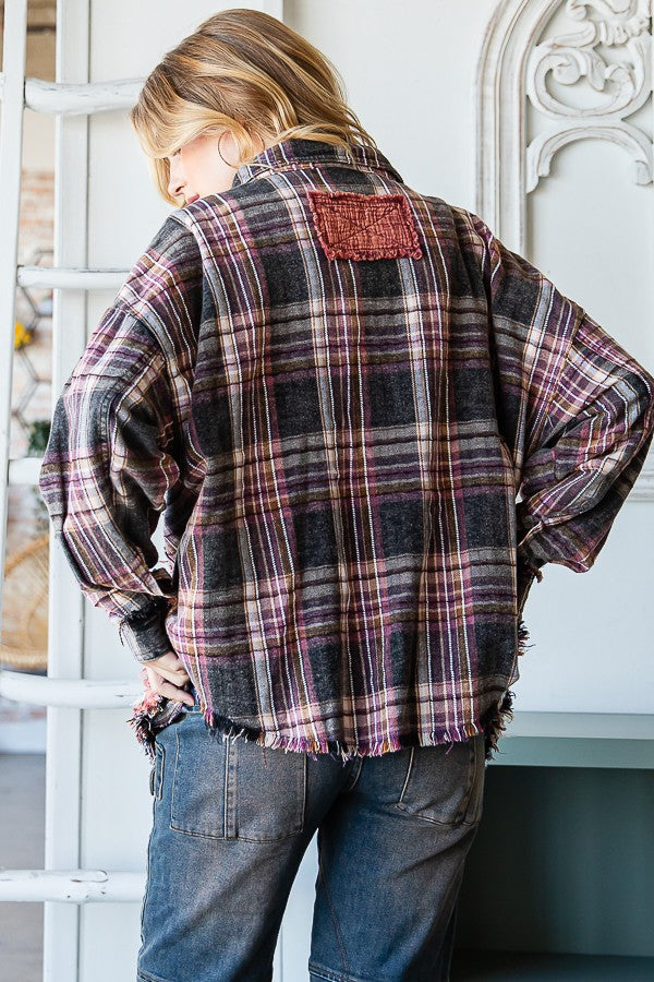Oli & Hali Button Up Mixed Plaid Shirt with Front Star Patch in