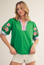 Load image into Gallery viewer, Jodifl Solid Color Woven Top with Embroidery Sleeves in Kelly Green
