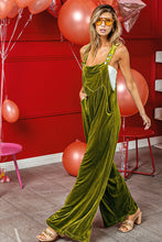 Load image into Gallery viewer, BiBi Solid Color Velvet Wide Leg Overalls in Light Olive ON ORDER
