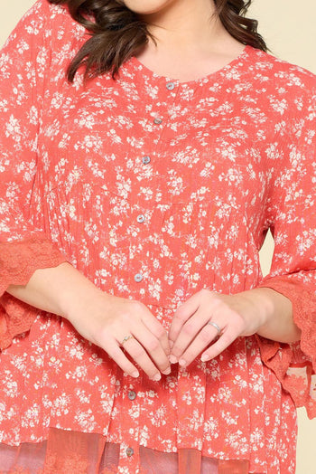 Oddi Floral Print Button Down Top in Red