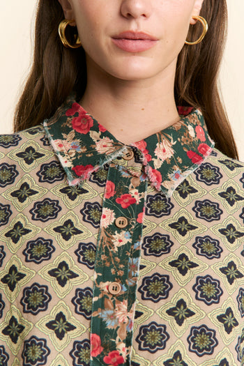 J.nna Mixed Pattern Button Down Top in Green Garden
