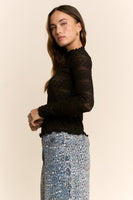 Davi & Dani Striped Lace Mesh Top in Black