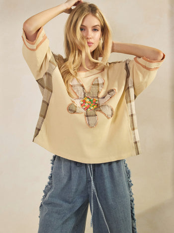 Sage+Fig Boho Bloom Waffle Knit Top in Natural