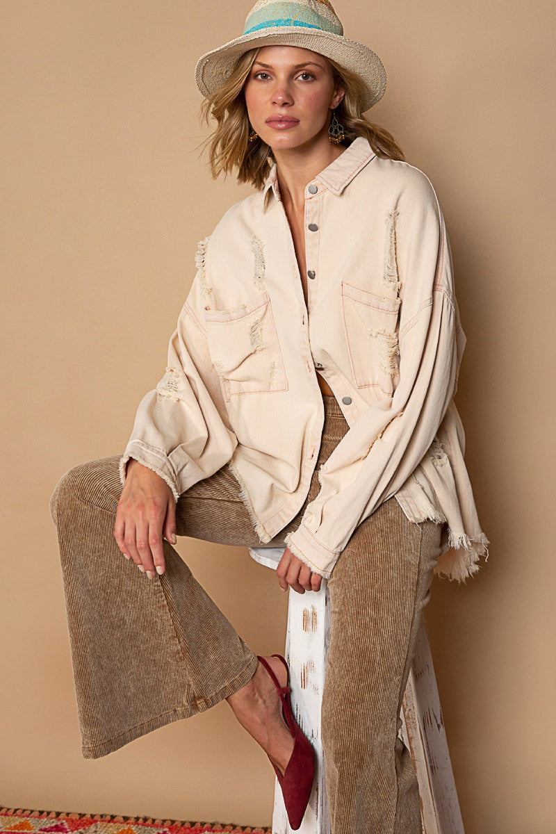 POL Twill Distressed Shacket in Pink Beige – June Adel