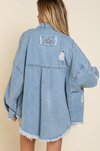 POL Twill Distressed Shacket in Denim