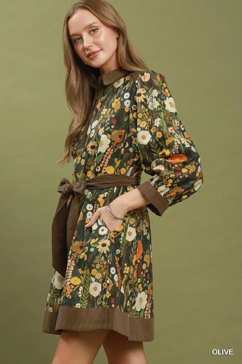 Umgee Floral Print Belted Puff Sleeve Mini Dress in Olive