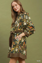 Load image into Gallery viewer, Umgee Floral Print Belted Puff Sleeve Mini Dress in Olive
