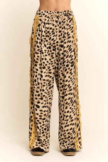 Davi & Dani Leopard Pants with Contrasting Lace Stripe in Taupe Leopard