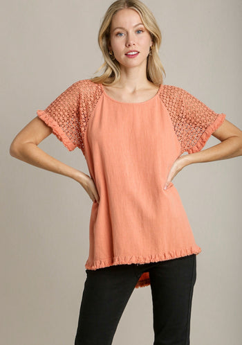 Umgee Solid Color Top with Crochet Sleeves in Apricot