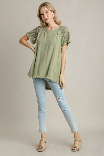 Umgee Solid Color Top with Crochet Sleeves in Sage