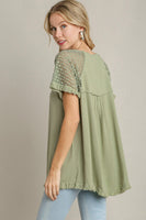 Umgee Solid Color Top with Crochet Sleeves in Sage
