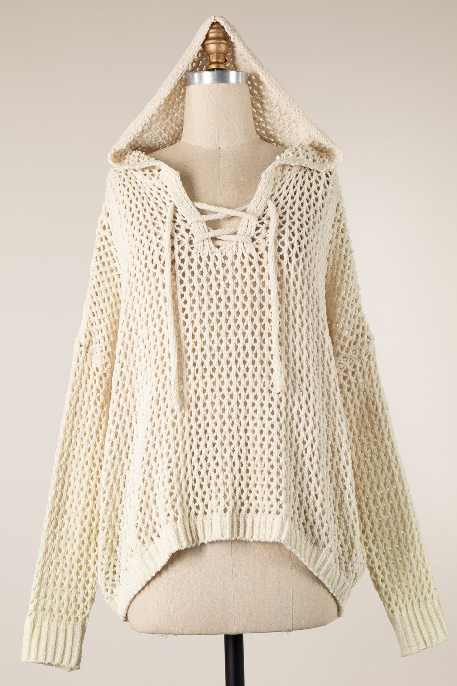 Miracle Open Cable Knit Chenille Hoodie Sweater in Beige  Miracle   