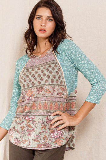 Oddi Multi Print Top with Braided trim Details in Sage Combo