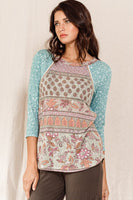Oddi Multi Print Top with Braided trim Details in Sage Combo