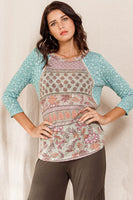 Oddi Multi Print Top with Braided trim Details in Sage Combo