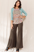 Oddi Multi Print Top with Braided trim Details in Sage Combo