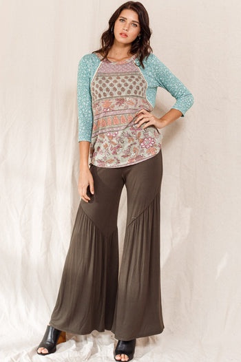 Oddi Multi Print Top with Braided trim Details in Sage Combo