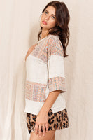 Oddi Color Block Top with Solid and Mixed Paisley Prints in Taupe
