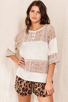 Oddi Color Block Top with Solid and Mixed Paisley Prints in Taupe