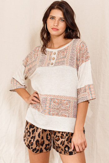 Oddi Color Block Top with Solid and Mixed Paisley Prints in Taupe