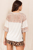 Oddi Color Block Top with Solid and Mixed Paisley Prints in Taupe