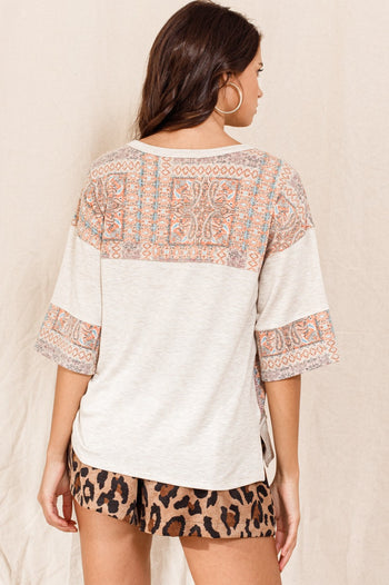 Oddi Color Block Top with Solid and Mixed Paisley Prints in Taupe