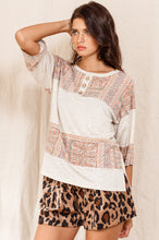 Load image into Gallery viewer, Oddi Color Block Top with Solid and Mixed Paisley Prints in Taupe
