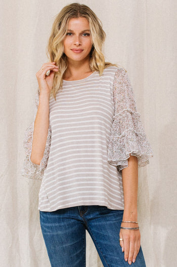 Oddi Striped Top with Sheer Floral Print Sleeves in Almond