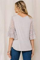 Oddi Striped Top with Sheer Floral Print Sleeves in Almond