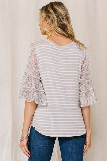 Oddi Striped Top with Sheer Floral Print Sleeves in Almond