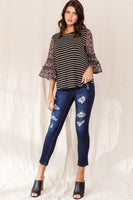 Oddi Striped Top with Sheer Floral Print Sleeves in Black-Taupe