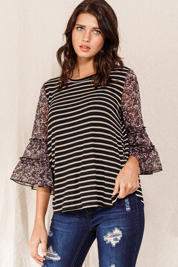 Oddi Striped Top with Sheer Floral Print Sleeves in Black-Taupe
