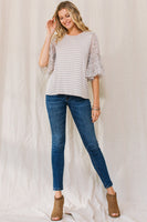 Oddi Striped Top with Sheer Floral Print Sleeves in Almond