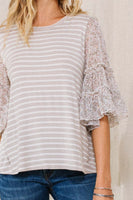 Oddi Striped Top with Sheer Floral Print Sleeves in Almond