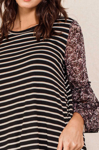 Oddi Striped Top with Sheer Floral Print Sleeves in Black-Taupe