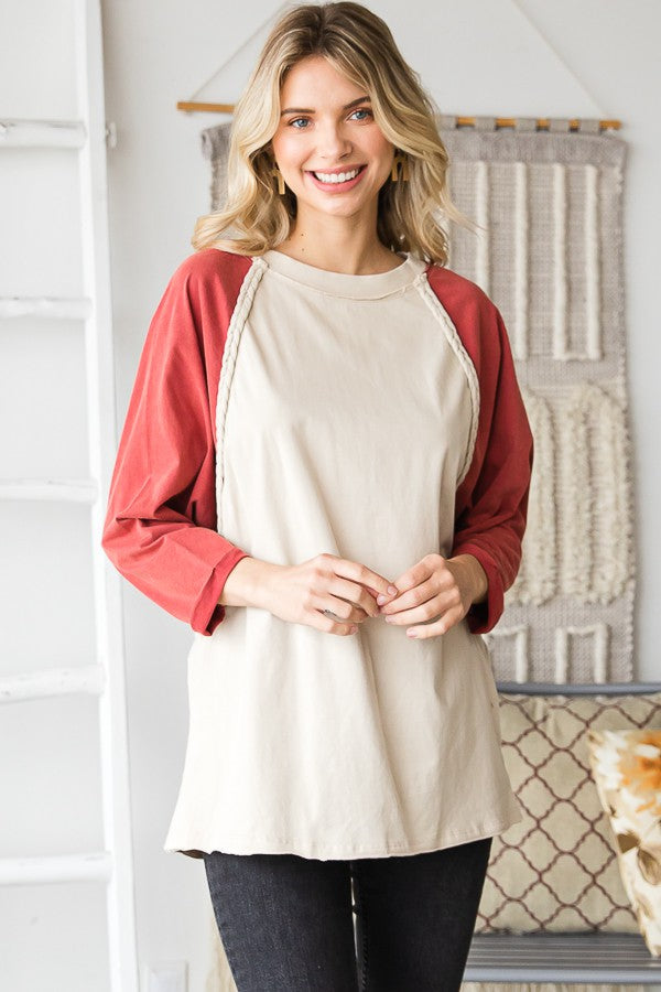 Oli & Hali Oversized Knit Colorblock Top in Washed Taupe Combo Shirts & Tops Oli & Hali   