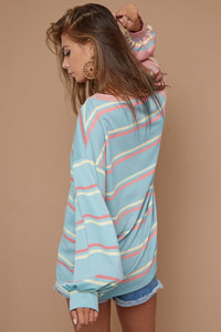 BiBi French Terry Multi Color Double Stripe Top in Pink/Blue Sky ON ORDER Shirts & Tops BiBi   