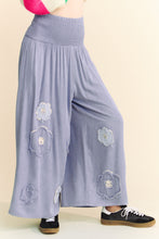 Load image into Gallery viewer, Davi &amp; Dani Smocked Waist Floral Patch Wide Leg Pants in Blue
