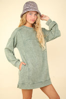 Very J OVERSIZED Mineral Washed Sweatshirt Mini Dress in Sage