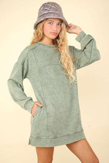 Very J OVERSIZED Mineral Washed Sweatshirt Mini Dress in Sage