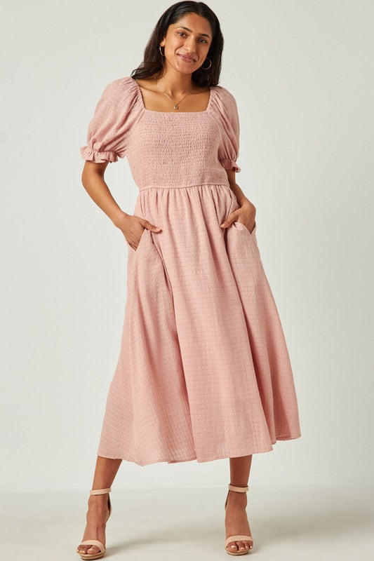 Hayden Textured Midi Dress with Smocked Bodice in Mauve
