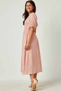 Hayden Textured Midi Dress with Smocked Bodice in Mauve