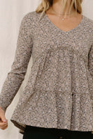 Oddi Thermal Knit Floral Print Top in Taupe