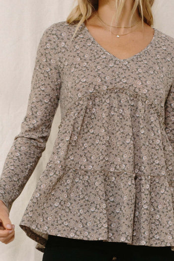 Oddi Thermal Knit Floral Print Top in Taupe