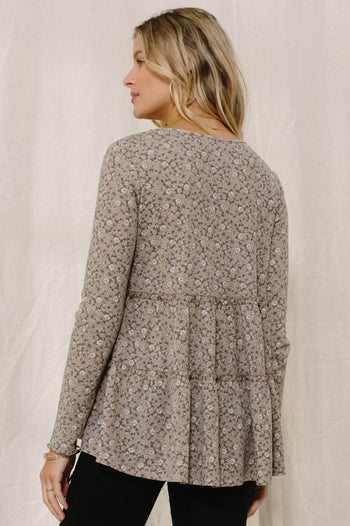 Oddi Thermal Knit Floral Print Top in Taupe