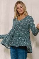 Oddi Thermal Knit Floral Print Top in Dark Jade