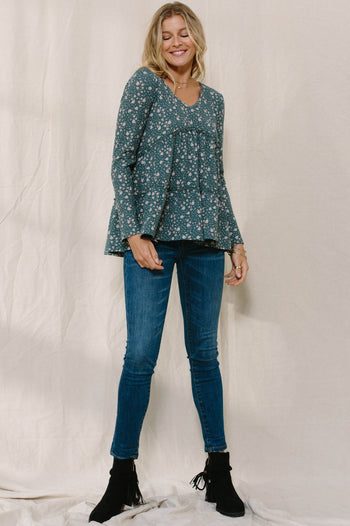 Oddi Thermal Knit Floral Print Top in Dark Jade